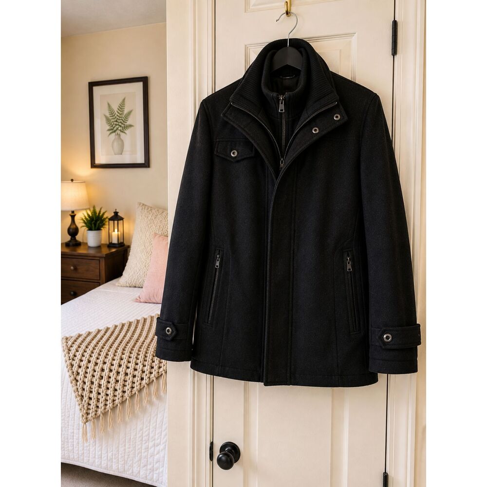 Men's Black Wool Blend Look Car Coat Bib Front Winter Jacket Size Large
